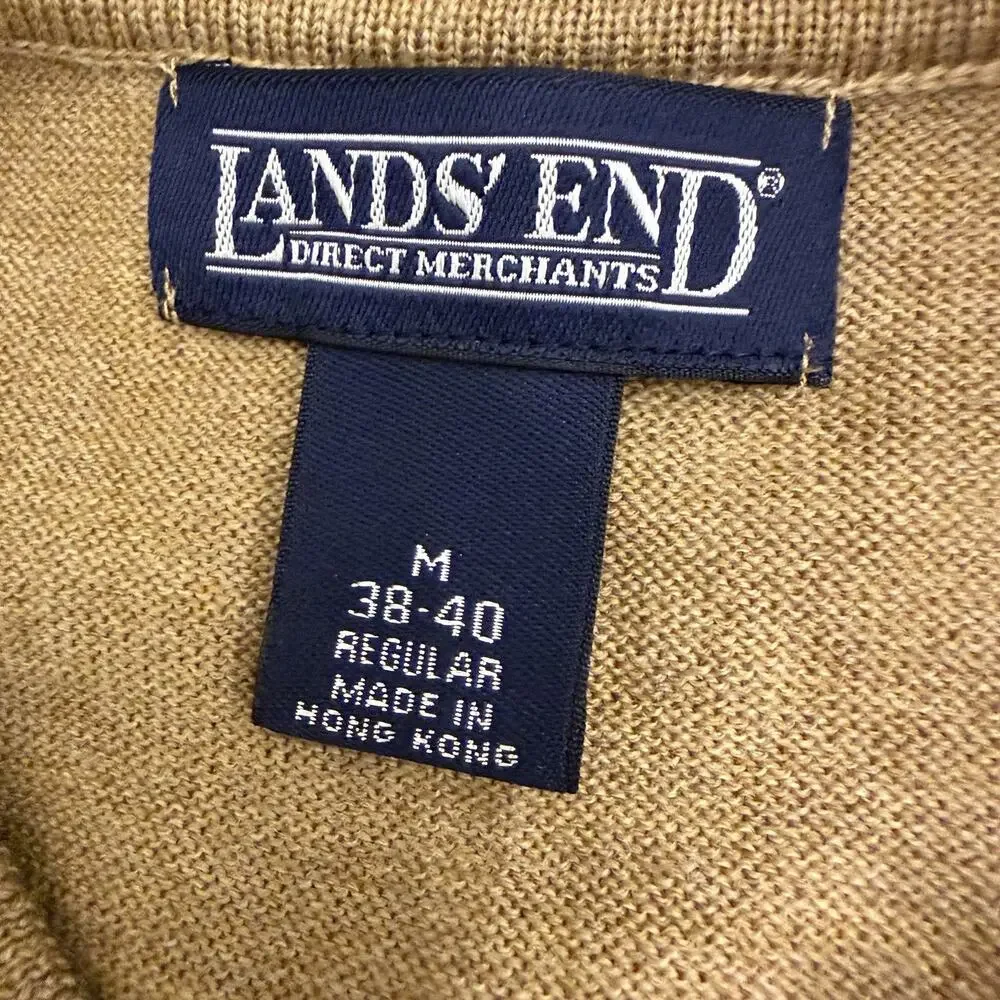 Lands End Mens 100% Wool Collared Sweater Pullover Medium 1/4 Button Tan